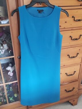 Theory Sleeveless Wool dress in bright Turquoise Peek A Boo Back.